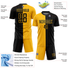 Load image into Gallery viewer, Custom Gold Black Pinstripe Split Fashion Sublimation Soccer Uniform Jersey