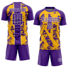 Load image into Gallery viewer, Custom Purple Gold-White Irregular Shapes Sublimation Soccer Uniform Jersey