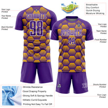Load image into Gallery viewer, Custom Purple Gold-White Hexagons Pattern Sublimation Soccer Uniform Jersey