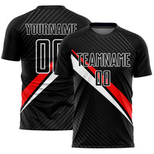 Load image into Gallery viewer, Custom Black Red-White Diagonal Lines Sublimation Soccer Uniform Jersey