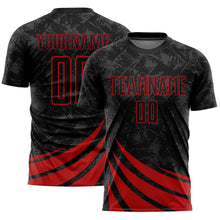 Load image into Gallery viewer, Custom Black Red Wind Shapes Sublimation Soccer Uniform Jersey