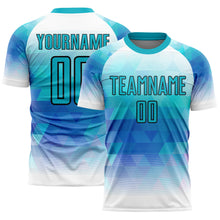 Load image into Gallery viewer, Custom Teal White Geometric Triangle Sublimation Soccer Uniform Jersey