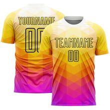 Load image into Gallery viewer, Custom Yellow Hot Pink-Black Geometric Shapes Sublimation Soccer Uniform Jersey