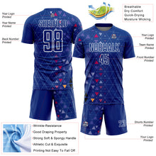 Load image into Gallery viewer, Custom Royal White Geometric Triangle Sublimation Soccer Uniform Jersey