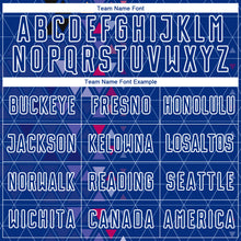 Load image into Gallery viewer, Custom Royal White Geometric Triangle Sublimation Soccer Uniform Jersey