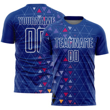 Load image into Gallery viewer, Custom Royal White Geometric Triangle Sublimation Soccer Uniform Jersey