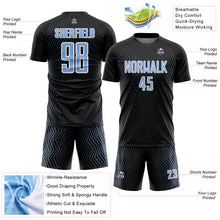 Load image into Gallery viewer, Custom Black Light Blue-White Geometric Lines Sublimation Soccer Uniform Jersey