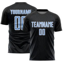 Load image into Gallery viewer, Custom Black Light Blue-White Geometric Lines Sublimation Soccer Uniform Jersey