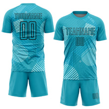 Load image into Gallery viewer, Custom Aqua Black Lines Sublimation Soccer Uniform Jersey
