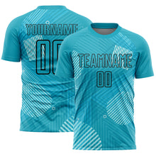 Load image into Gallery viewer, Custom Aqua Black Lines Sublimation Soccer Uniform Jersey