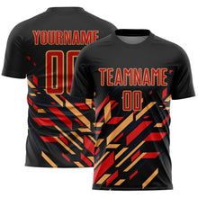 Load image into Gallery viewer, Custom Black Red-Old Gold Lines Sublimation Soccer Uniform Jersey