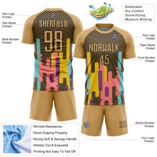 Load image into Gallery viewer, Custom Old Gold Black Lines Sublimation Soccer Uniform Jersey