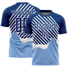 Load image into Gallery viewer, Custom Light Blue Royal-White Lines Sublimation Soccer Uniform Jersey