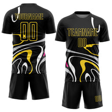 Load image into Gallery viewer, Custom Black Gold Fluid Shapes Sublimation Soccer Uniform Jersey