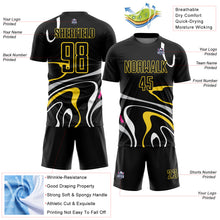 Load image into Gallery viewer, Custom Black Gold Fluid Shapes Sublimation Soccer Uniform Jersey
