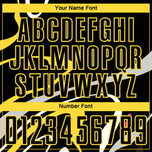 Load image into Gallery viewer, Custom Black Gold Fluid Shapes Sublimation Soccer Uniform Jersey