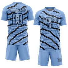 Load image into Gallery viewer, Custom Light Blue Black Lines And Dots Sublimation Soccer Uniform Jersey