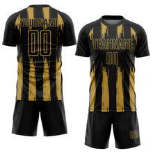 Load image into Gallery viewer, Custom Black Old Gold Abstract Stripes Sublimation Soccer Uniform Jersey