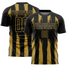 Load image into Gallery viewer, Custom Black Old Gold Abstract Stripes Sublimation Soccer Uniform Jersey