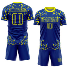 Load image into Gallery viewer, Custom Royal Neon Yellow Geometric Shapes Sublimation Soccer Uniform Jersey