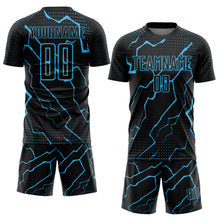 Load image into Gallery viewer, Custom Black Sky Blue Lightning Sublimation Soccer Uniform Jersey