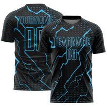 Load image into Gallery viewer, Custom Black Sky Blue Lightning Sublimation Soccer Uniform Jersey