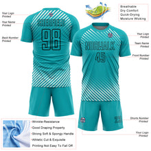Load image into Gallery viewer, Custom Aqua Black Diagonal Lines Sublimation Soccer Uniform Jersey