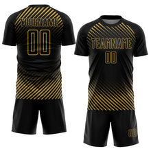 Load image into Gallery viewer, Custom Black Old Gold Diagonal Lines Sublimation Soccer Uniform Jersey