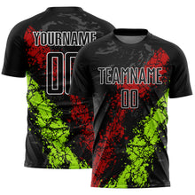 Load image into Gallery viewer, Custom Black Red-Neon Green Dripping Splatter Art Sublimation Soccer Uniform Jersey