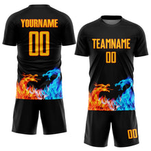 Load image into Gallery viewer, Custom Black Yellow-Orange Dragon Flame Sublimation Soccer Uniform Jersey