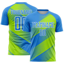 Load image into Gallery viewer, Custom Powder Blue Neon Green-White Line Sublimation Soccer Uniform Jersey