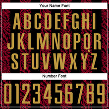 Load image into Gallery viewer, Custom Black Old Gold-Red Abstract Shape Sublimation Soccer Uniform Jersey