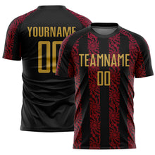 Load image into Gallery viewer, Custom Black Old Gold-Red Abstract Shape Sublimation Soccer Uniform Jersey