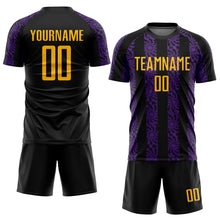 Load image into Gallery viewer, Custom Black Gold-Purple Abstract Shape Sublimation Soccer Uniform Jersey