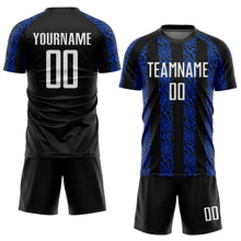 Load image into Gallery viewer, Custom Black White-Thunder Blue Abstract Shape Sublimation Soccer Uniform Jersey