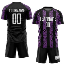 Load image into Gallery viewer, Custom Black White-Medium Purple Abstract Shape Sublimation Soccer Uniform Jersey