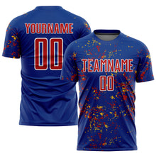 Load image into Gallery viewer, Custom Royal Red-Gold Abstract Fragment Art Sublimation Soccer Uniform Jersey