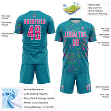 Load image into Gallery viewer, Custom Teal Pink-Neon Green Abstract Fragment Art Sublimation Soccer Uniform Jersey