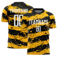 Load image into Gallery viewer, Custom Black White-Gold Splash Sublimation Soccer Uniform Jersey
