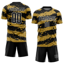 Load image into Gallery viewer, Custom Black Old Gold-White Splash Sublimation Soccer Uniform Jersey