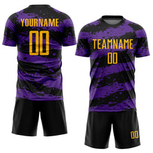Load image into Gallery viewer, Custom Black Gold-Purple Splash Sublimation Soccer Uniform Jersey