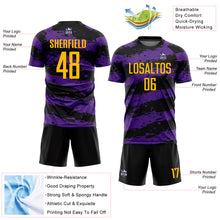 Load image into Gallery viewer, Custom Black Gold-Purple Splash Sublimation Soccer Uniform Jersey