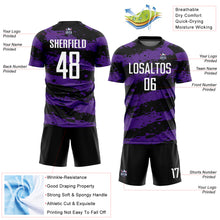 Load image into Gallery viewer, Custom Black White-Purple Splash Sublimation Soccer Uniform Jersey