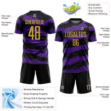 Load image into Gallery viewer, Custom Black Old Gold-Purple Splash Sublimation Soccer Uniform Jersey