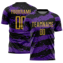 Load image into Gallery viewer, Custom Black Old Gold-Purple Splash Sublimation Soccer Uniform Jersey