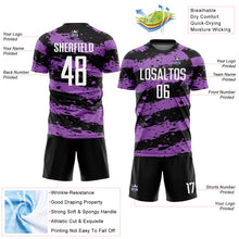 Load image into Gallery viewer, Custom Black White-Medium Purple Splash Sublimation Soccer Uniform Jersey