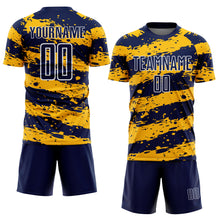Load image into Gallery viewer, Custom Navy Gold-White Splash Sublimation Soccer Uniform Jersey