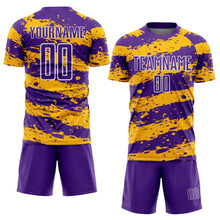 Load image into Gallery viewer, Custom Purple Gold-White Splash Sublimation Soccer Uniform Jersey