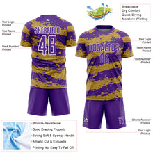 Load image into Gallery viewer, Custom Purple Old Gold-White Splash Sublimation Soccer Uniform Jersey