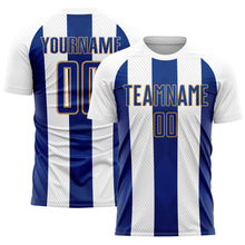Load image into Gallery viewer, Custom White Royal-Old Gold Line Sublimation Soccer Uniform Jersey